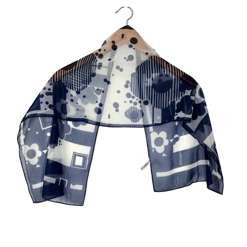 Celebritees by Desco Vintage Navy Blue White Floral Geometric Sheer Scarf Japan